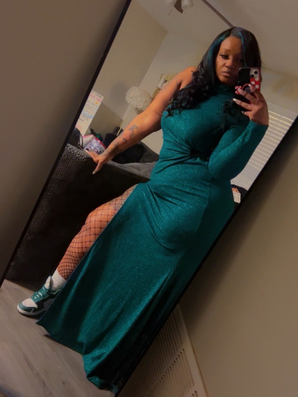 Fashion Nova Teal One-Shoulder Glitter Gown with High Slit